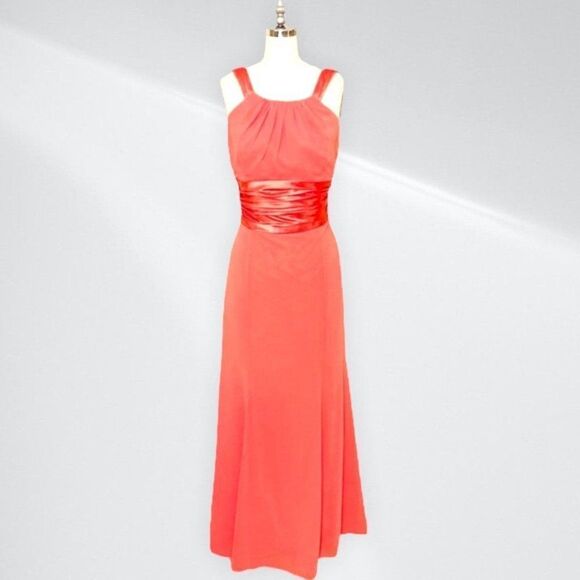 Davids Bridal Coral Chiffon Halter Long Bridesmaid Dress 12 - Picture 1 of 11